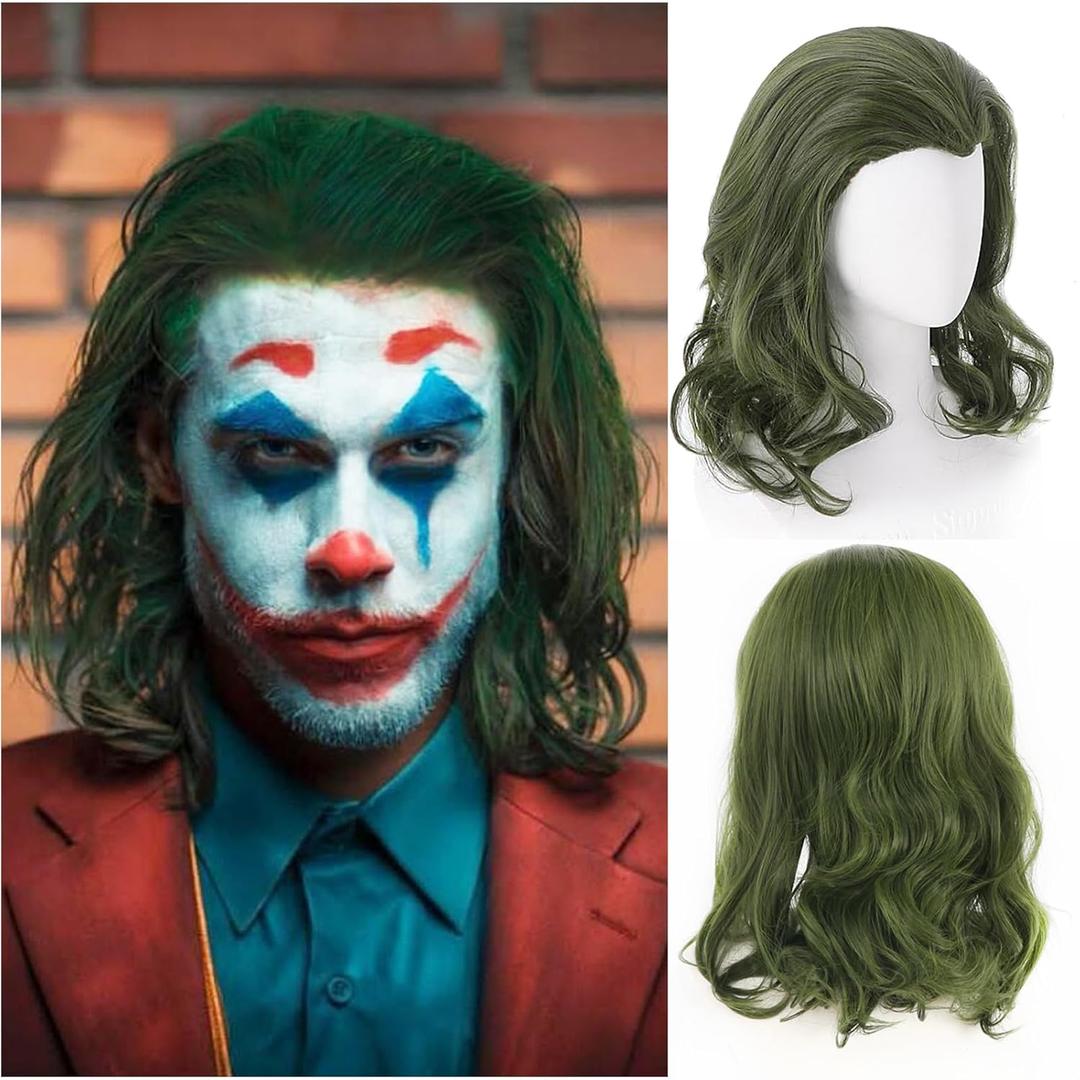 Joker Wig Cosplay Mens Green Fluffy Clown Wig Heat Resistant Synthetic Wavy Hair for Halloween Anime Costume