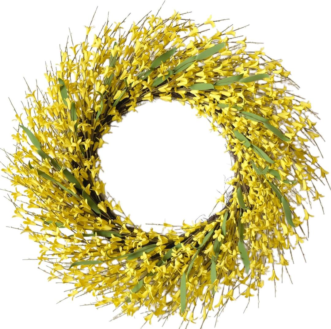 Bibelot 26 Inch Spring Wreaths for Front Door, Large Artificial Forsythia Flowers Wreath, Spring Summer Floral Wreath All Season for Home, Wall, Window, Porch, Wedding, Farmhouse Decor (Yellow)