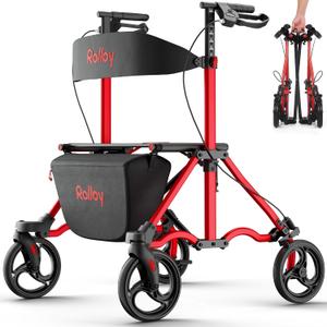 Rollator Walkers for Seniors with Seat, Aluminum Ultra-Compact Travel Rolling Walker, 350lbs Capacity, 20" Extra-Wide Seat, Heavy-Duty, Easy Folding, Height Adjustable for Tall over 6ft, 8" Big Wheels (Red)