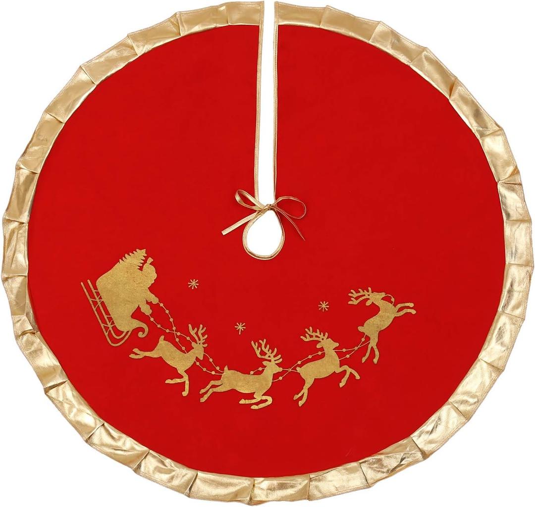 Red Christmas Tree Skirt with Gold Rim 48",Flannelette Santa Reindeer Xmas Party Holiday Decorations for 7Ft/7.5Ft/8Ft Christmas Tree (Red, 48")
