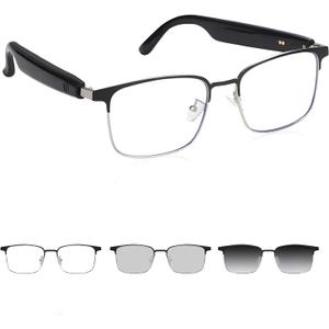 Bluetooth Audio Smart Glasses for Women Men with Remote Shooting, Color-Changing Anti-Blue Light Polarized Lenses, Open-Ear Sound Speakers, Magnetic Charging, Voice Assistant, Black Silver