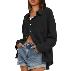 Darong Women's Button Down Long Sleeve Shirts Cotton Blend Casual Oversized Boyfriend Loose Fit Blouse Top L