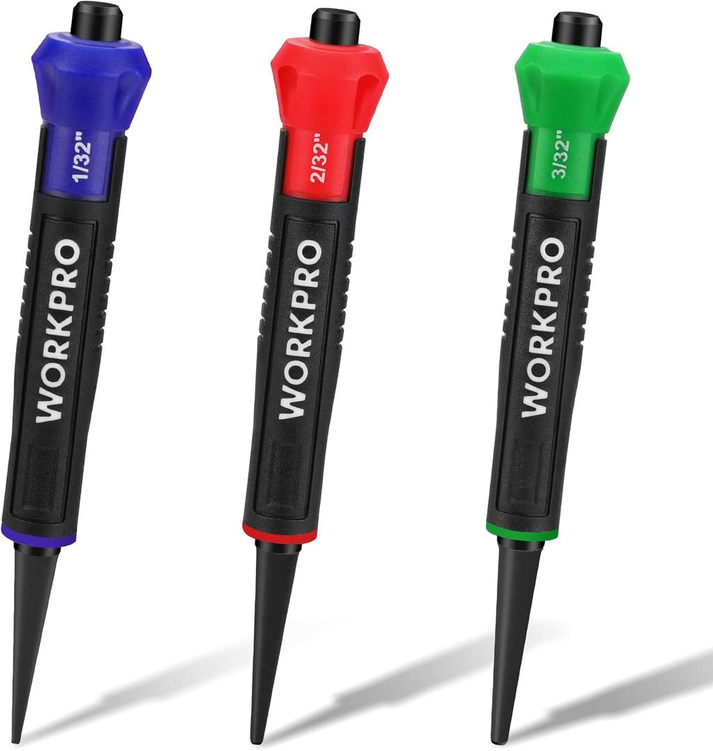 WORKPRO 3-Piece Nail Punch Set, Includes 1/32", 2/32", 3/32" Nail Setter, Color Coded Nail Set Tool with Shock-Absorbing Grip