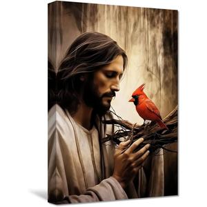 CXHOSTENT Jesus Canvas Wall Art - Jesus with Red Birds Cardinal Picture Print for Church Prayer Room - Framed (24.00"x36.00")