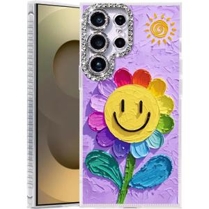 Compatible with Samsung Galaxy S25 Ultra Case,with [Shockproof Protective][Camera Protection] Cute Rainbow Flower Aesthetic Phone Cover Anti-Yellowing Soft Slim Cover for Women Girl-Purple