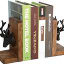 Vintage Cast Iron Deer Head & Antlers Design Decorative Elk Bookends for Shelves, Buck Book Holders, Reindeer Book Organizer, L-Shaped Wooden Desk Organizer, Heavy Duty Non-Skid Bookends (1 Pair) (Rustic Burnt)