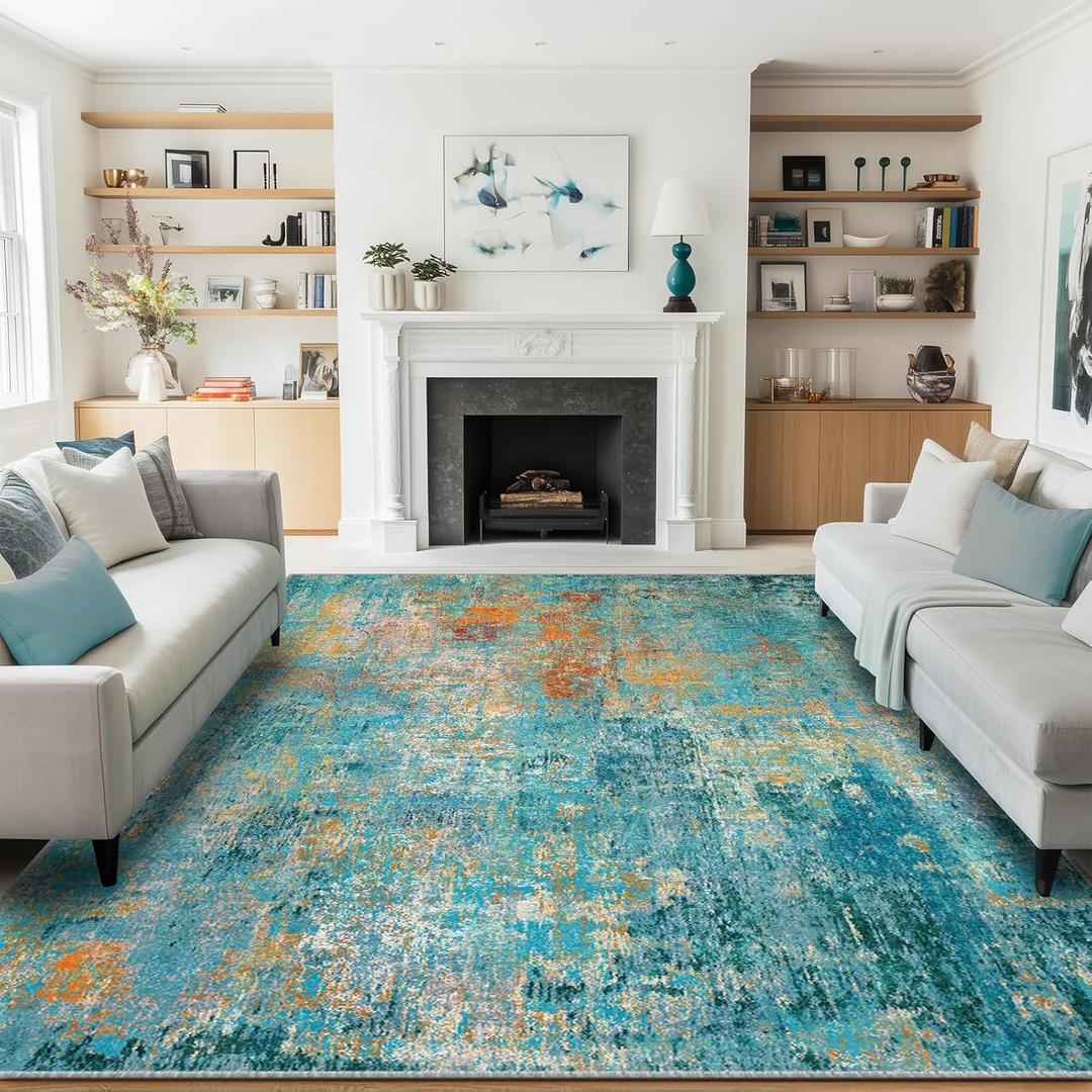 Washable Area Rugs 9'x12' Non-Slip Modern Abstract Soft for Living Room Entryway Bedroom Nursery, Print Pattern, Teal Blue Green Orange Rust Red Coloreful