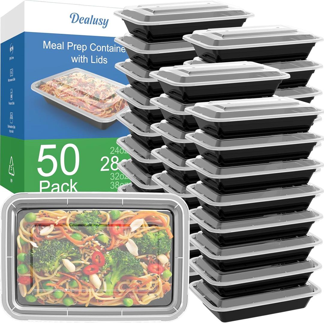 Dealusy 50 Pack (100-Piece) 28 oz Meal Prep Containers Reusable with Lids, Sturdy Leakproof & Food Safe, Microwave, Freezer, Dishwasher Safe Prep Containers, To Go Take Out Plastic Food Storage