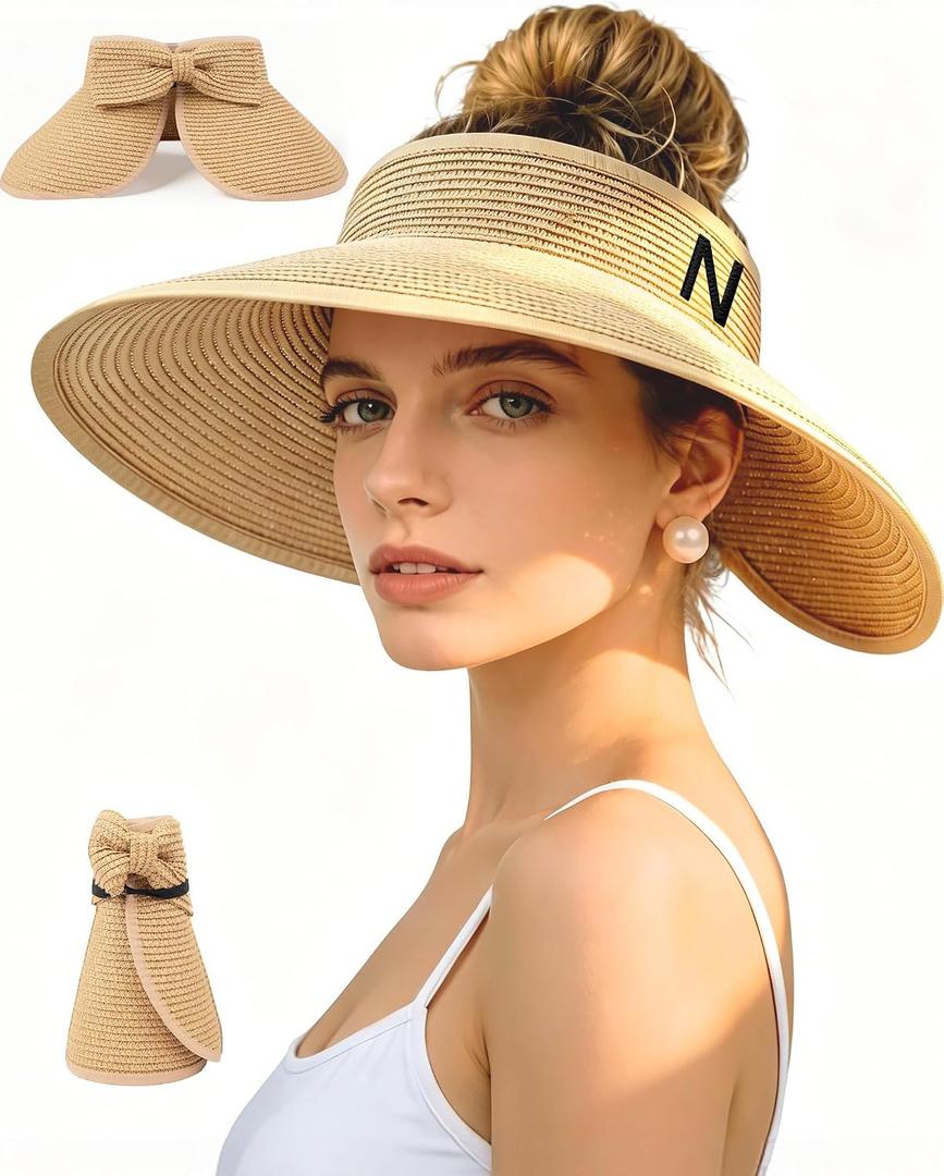 Beach Straw Sun Hat for Women, Wide Brim UV Protection Visors Hat with Ponytail Opening, Foldable Summer Travel Hat