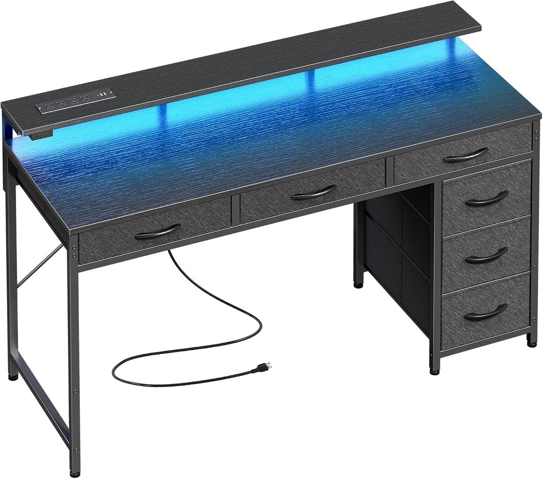 Huuger Gaming Desk with 6 Drawers, Computer Desk with LED Lights Power Outlets and Type-C, 47 Inch Office Desk with Storage, Monitor Stand, Writing Desk Work Desk Home Office, Bedroom, Black