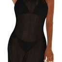 Pink Queen Womens 2026 Summer Crochet Swimsuit Cover Up Beach Bathing Suit Coverup Sheer Mesh Knit Tank Dress (Medium, Black)