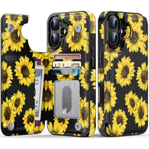 LETO for iPhone 16 Plus Wallet Case - Flip Folio Leather Kickstand - Fashionable Flower Designs - Credit Card Holder - Protective Phone Cover for Women and Girls - 6.7" - Blooming Sunflowers