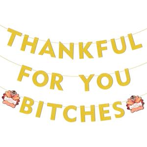 Friendsgiving Party Decorations Banner with Hanging Swirls, Gold Glitter Thankful Decorations Decor for Girl Home Office, Friends giving Banner, Thanksgiving Decorations for Mantel Fire Place