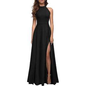 MUSHARE Women's Halter Neck Sexy Split Cocktail Party Maxi Long Formal Dress (Large, Black)