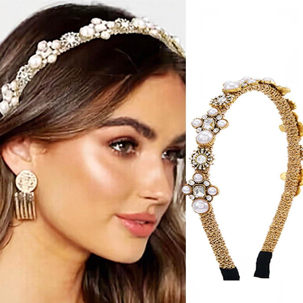 Gold Jeweled Headbands Pearls Rhinestones Baroque Hair Bands Crystal Hair Hoop with Beaded Hair Ties for Women (Fashion)