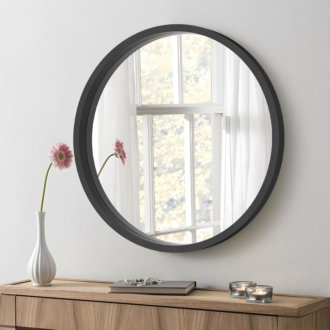 Black Round Wood Mirror with Wood Frame 24 inch Circle Wall Mirror for Bathroom Vanity Living Room Bedroom Entryway Modern Wall Decor