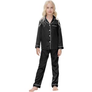 Veseacky Satin Pajama Sets for Girls Silk Button Down PJ Set Silk Sleepwear Birthday Pajamas Gift (Black,Size 10)