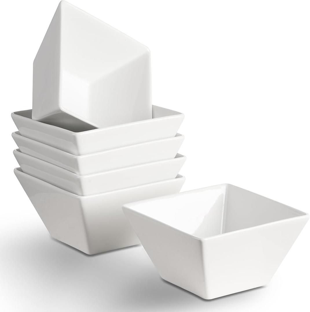 Porcelain Small Serving Bowls Set of 6, 13 Oz Square Cereal Bowls, 4.6" White Ceramic Dessert Bowls for Salad, Dip, Soup, Snack, Fruits, Small Portions, Dishwasher & Microwave Safe