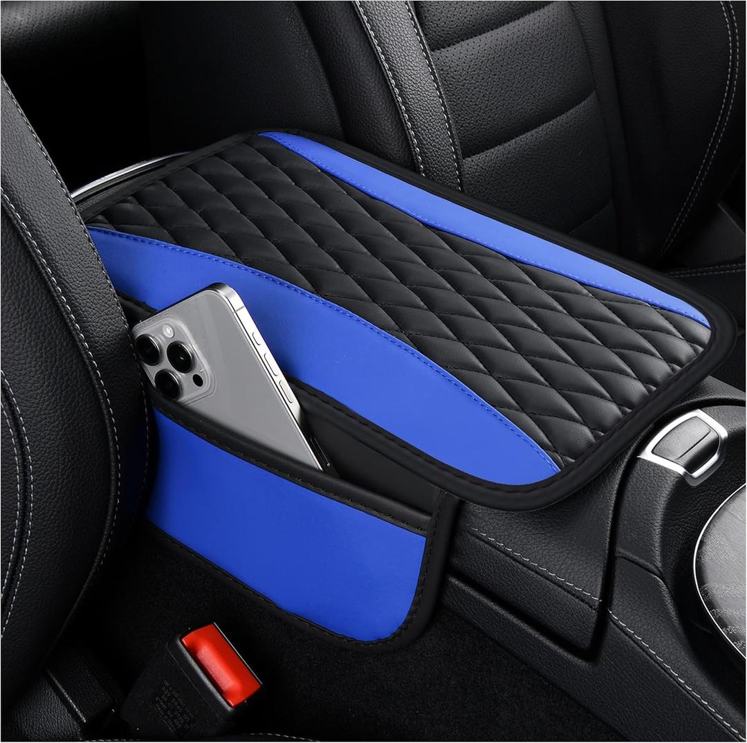 IHOTDER Patchwork Leather Center Console Covers for Cars,Upgraded Arm Rest Cover for Car with Side Storage Pocket for Car Seat Organizer,Middle Console Cover Stylish Car Decoration (Blue)