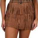 Womens Sparkle Rhinestone Fringe Skirt Elastic Waistband Short Mini Dress with Adjustable and Removable Belt (Large, Brown)