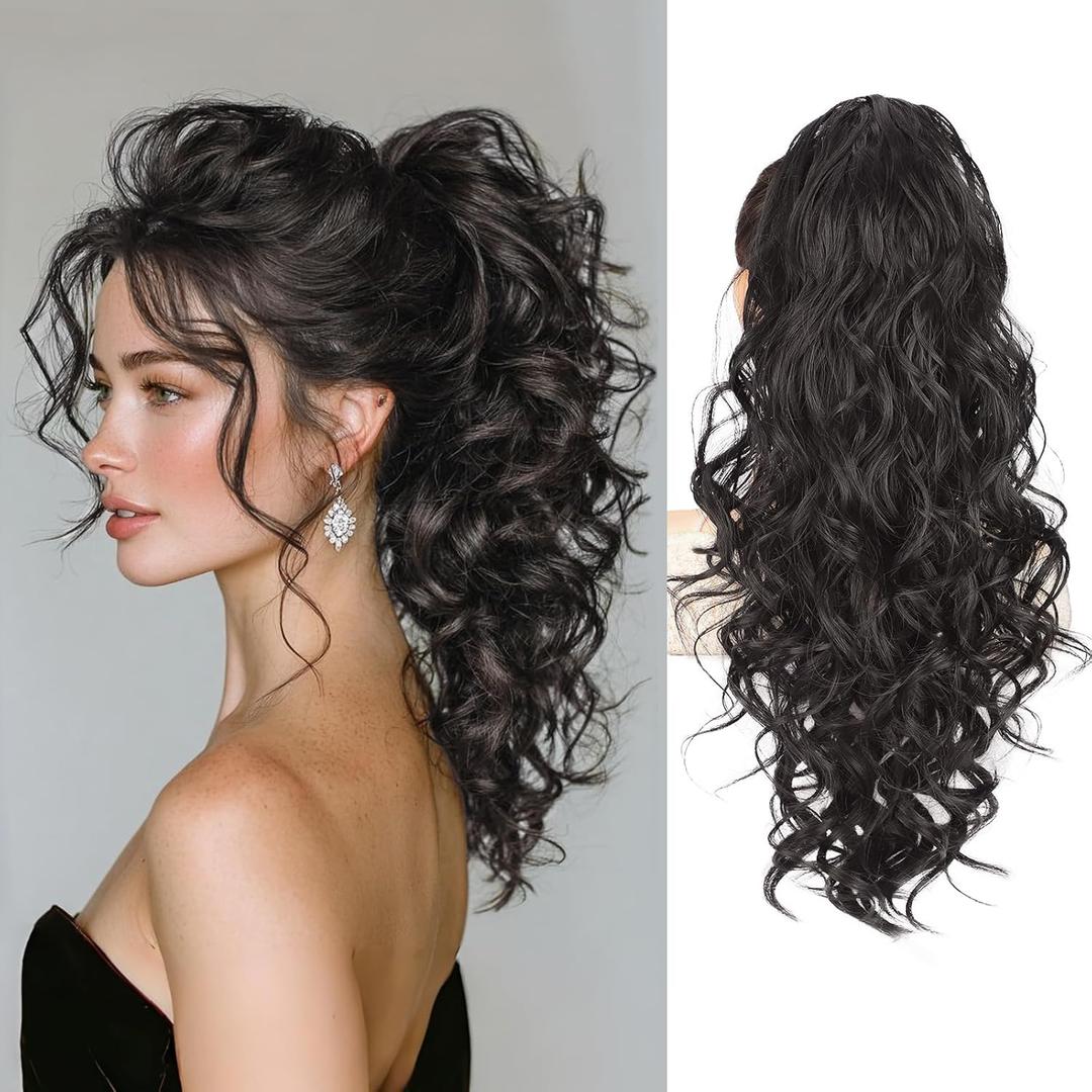 QGZ 20" Wavy Ponytail Extension, Claw Clip Ponytail Hair Extension, Natural Synthetic Hairpiece for Women Daily Use(Black Brown)