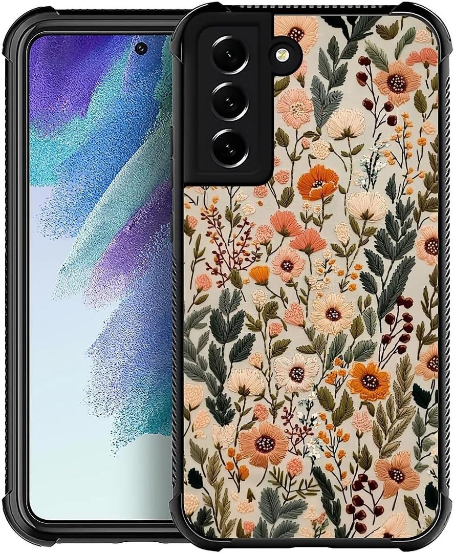 for Samsung Galaxy S21 Case,Soft Silicone Shockproof Bumper Camera Protection Phone Case-Dark Embroidery Flower