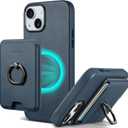 TUCCH Case for iPhone 15 Plus with Detachable Card Wallet, [Magnetic Wireless Charging] Slim RFID Blocking Finger Ring Grip Kickstand, PU Leather Protective Cover Compatible with iPhone 15 Plus, Blue