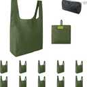 BeeGreen Green Reusable Grocery Bags Wholesale Green Reusable Kitchen Bags Bulk Foldable-Machine Washable with Zipper Storage Pouch 10 Packs (Solid Military Green)