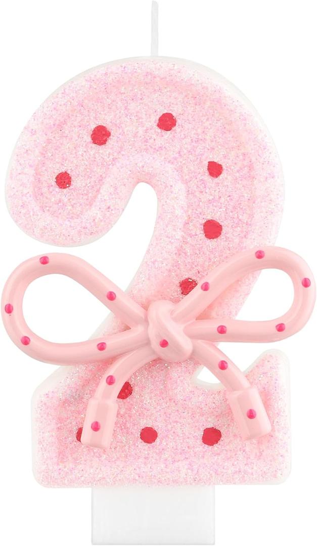 Pink Glitter Bow Cake Candles,2nd Birthday Candles,3.5 inch Large Size Pink Macaroon Number Candles Cake Topper Decorations for Kids Girls Adults Birthday Wedding Anniversary Party Supplies