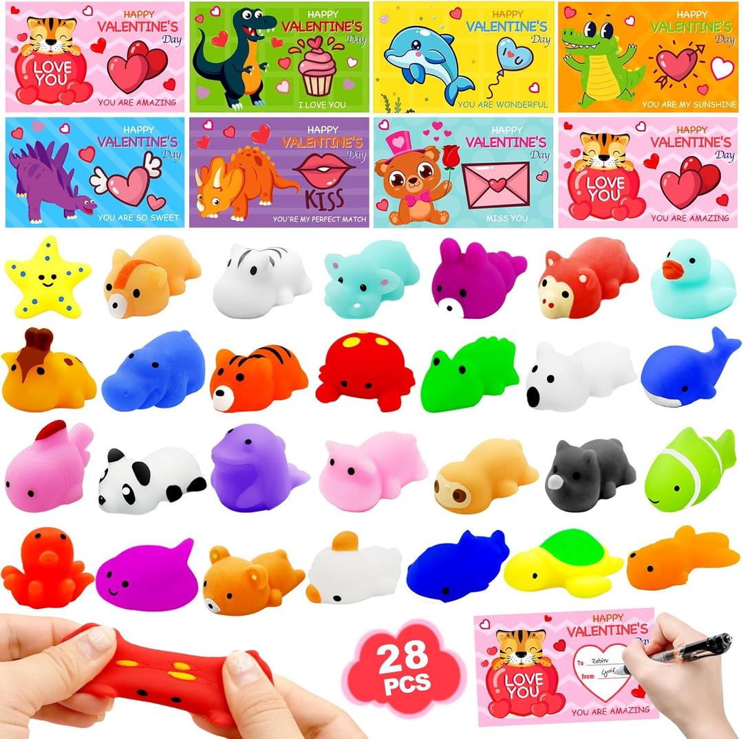 28 Packs Valentine Mochi Squishy Toys with Valentine Cards Animal Squishies for Kids Valentines Day Gift Exchange Classroom Prizes Valentine Party Favors Supplies