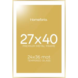 Homeforia 27x40 Picture Frame Gold, High End Metal 27 x 40 Large Poster Frames with Mat 24 by 36 inch Photo, 27x40 Gold Frame Matted to 24x36 for Print, 40x27 Frame, Tempered Glass, Wall Kit, Set of 1