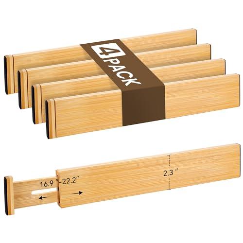 Bamboo Drawer Divider Set of 4, Adjustable Spring-Loaded Drawer Organizer (16.9"-22.2"), 2.3" Height, Suitable for Kitchen, Desk, Bathroom, Clothing, and Miscellaneous Drawer Organization, Natural