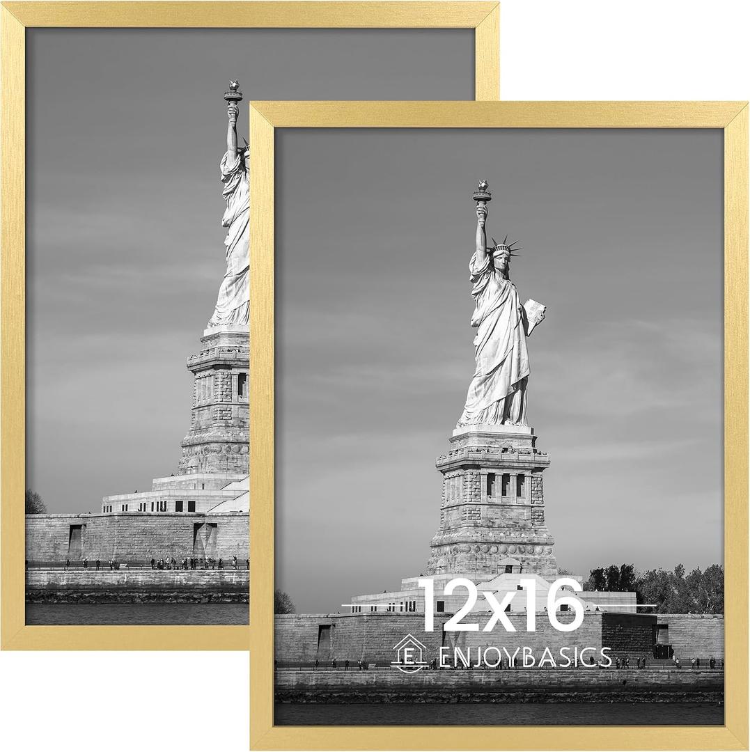 ENJOYBASICS 12x16 Picture Frame, Display Poster 9x12 with Mat or 12 x 16 Without Mat, Wall Gallery Photo Frames, Gold, 2 Pack