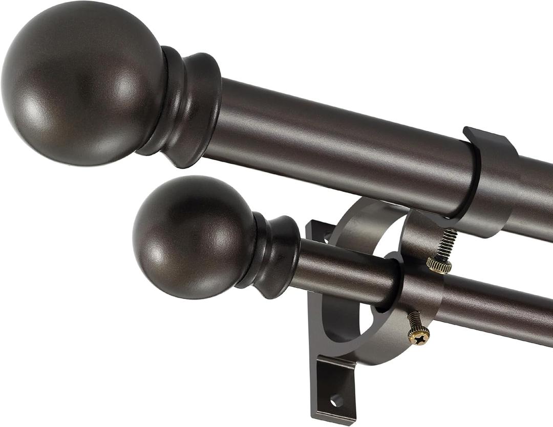 Dark Bronze Double Curtain Rods 36-72 Inch,1Front and 5/8Back Double Drapery Rod with Small Round Ball and Aluminum Brackets, Adjustable Dual Window Rod for Sheer/Blackout Curtains