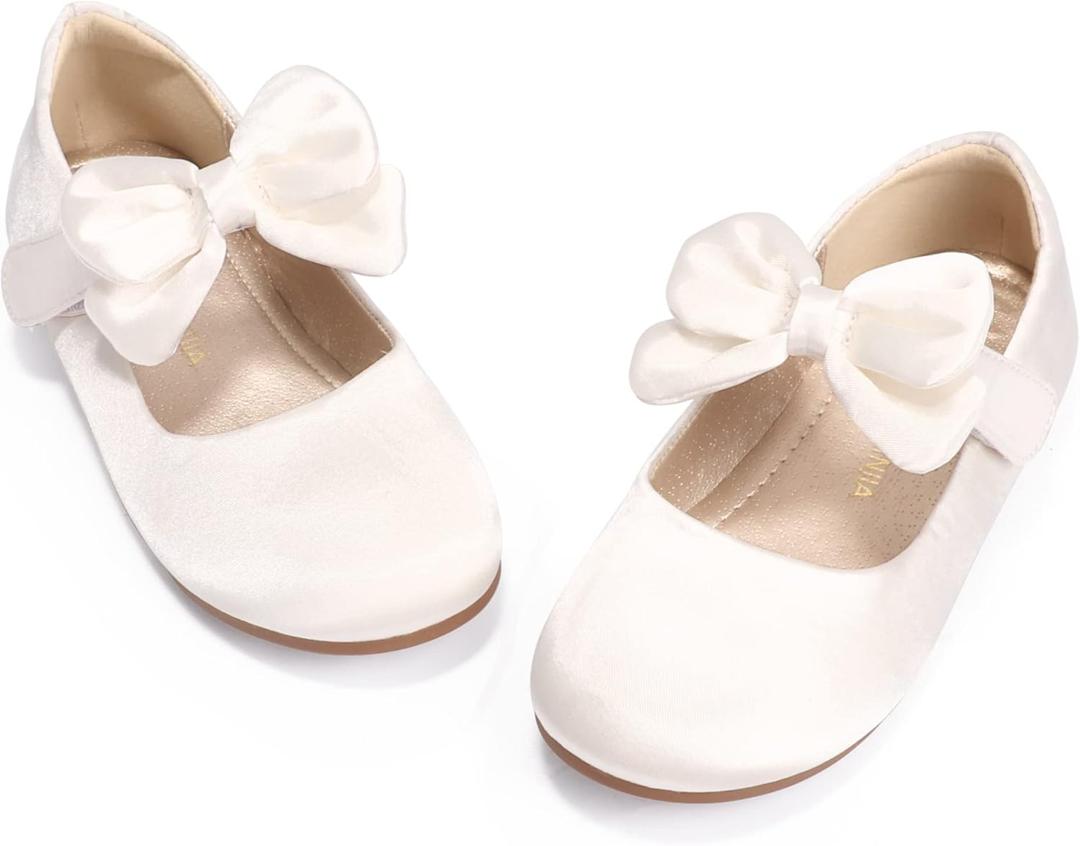 PANDANINJIA Toddler/Little Kid Girl's Angela Dress Mary Jane Ballet Flats Bow Flower Girl Wedding Party Ballerina Flat Shoes, Size 3