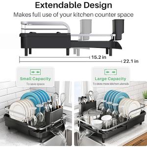 Dish Drying Rack, Expandable Dish Rack for Kitchen Counter, Stainless Steel Dish Drainer with Drainboard Set and Utensil Holder (Black)