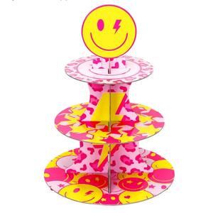 UPINS 3 Tier Preppy Cupcake Stand Yellow Pink Smile Face Party Decorations Stand Cardboard Cupcake Holder Tower for Preppy Theme Birthday Bachelorette Party Favors Supplies Pack of 3