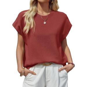 Saodimallsu Womens Cap Sleeve Sweater Top Summer Crew Neck Trendy Going Out Loose Knit Shirt (Red)