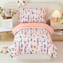 URBONUR Cute Floral Toddler Bedding Set for Girls, 4 Piece Bed-in-a-Bag Toddler Microfiber Comforter Sheet Set, Botanical Flowers Printed, All Season Easy Care