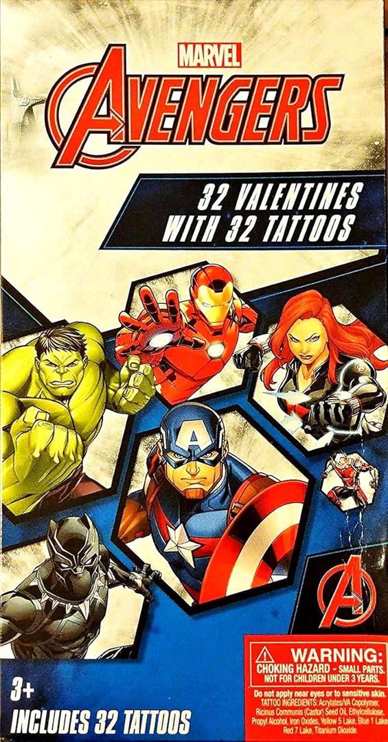 Marvel Avengers 32 Valentine Exchange Cards with 32 Tattoos
