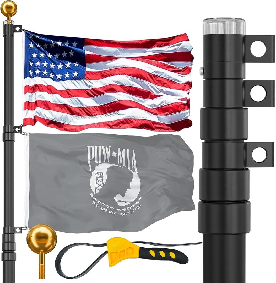 25FT Telescoping Flag Pole for Outside House, Extra Thick Telescopic Flagpole with USA Flag, Inground Outdoor Use, Camper RV, Residential & Commercial, Complete Hardware & Aluminum Top Ball (Black)