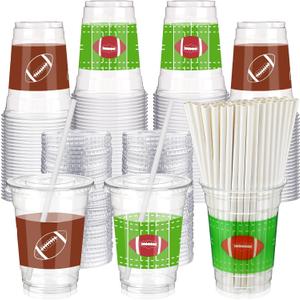 Yaomiao 300 Pcs 12 oz Football Plastic Cups with Lids and Straw Football Plastic Cup Football Disposable Clear Cups Football Drinking Cups Football Themed Party Drinking Set for Party Supply