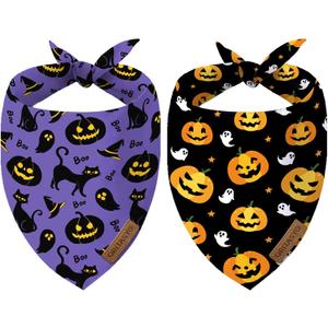 Halloween Dog Bandanas for All Dogs (2-Pack Triangle Reversible Pet Scarves) (Pumpkin Cats Boo) Premium Fabric Holidays Bandana, Purple X-Large Y
