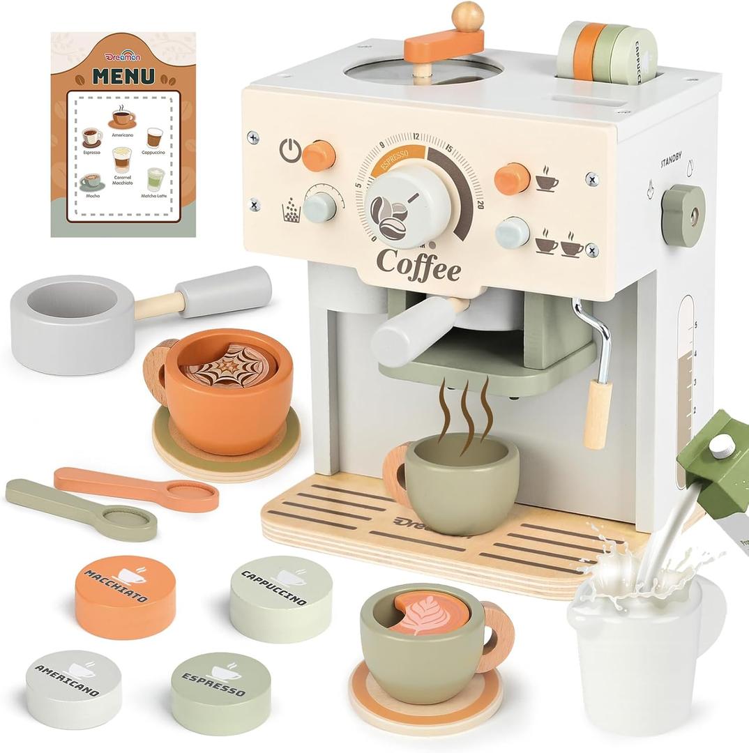 Dreamon Toy Coffee Maker for Kids Kitchen Set, Wooden Kitchen Accessories Pretend Play Toddler Coffee Playset, Kids Caf Machine Birthday Gifts for Boys Girls Ages 3 4 5 6 Years
