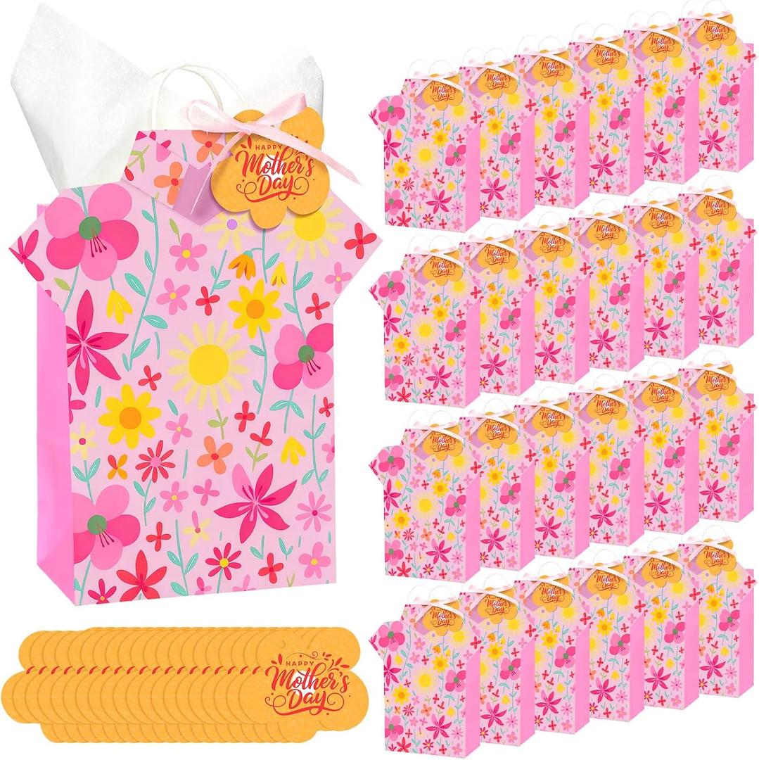 Kolldenn 24 Pcs Mother's Day Gift Bags with Tissue, Floral Happy Mothers Day Treat Bags with Handle for Mom's Birthday Gift Wrapping Supplies for Mother Party Decorations