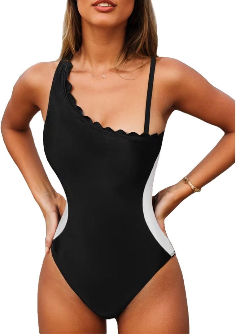 YNIQUE Women's Swimsuits 2025 One Shoulder High Waist One Piece Bathing Suit U-Neck Tummy Control Monokini (Black) Size M
