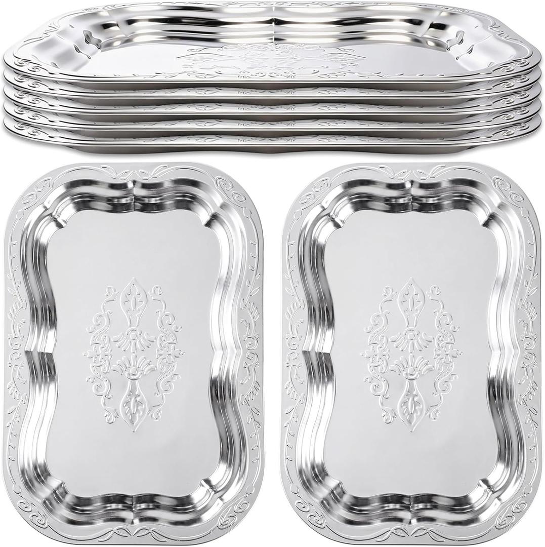 3 Pack 15.7" x 10.8" Silver Serving Trays Vintage Floral Engraved Party Platters Large Decorative Serving Tray for Food Coffee Buffet Wedding Birthday Party Supplies