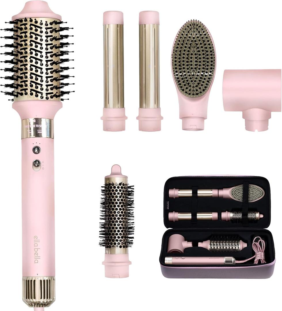 ELLA BELLA 6 in 1 Professional Hot Air Styler  Powerful Hair Dryer & Straightener Set  Styling Without Heat Damage  Fast Drying Curling Volumizing Straightening  Protective Travel Case (Pink)