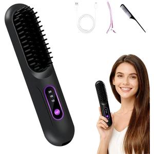 Hair Straightener Brush, 2026 Upgrade Cordless Hair Straightener Brush, Portable Straightener Brush for Travel with 3 Temps and LED Display, Fast Heating Cordless Mini Hair Brushes (Black)