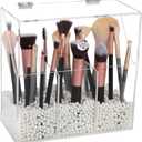 Acrylic Makeup Brush Holder, Clear Cosmetic Storage Box with 3 Brush Holders, Dust Cover, Large-Capacity Split Design for Organizing Vanity Desk